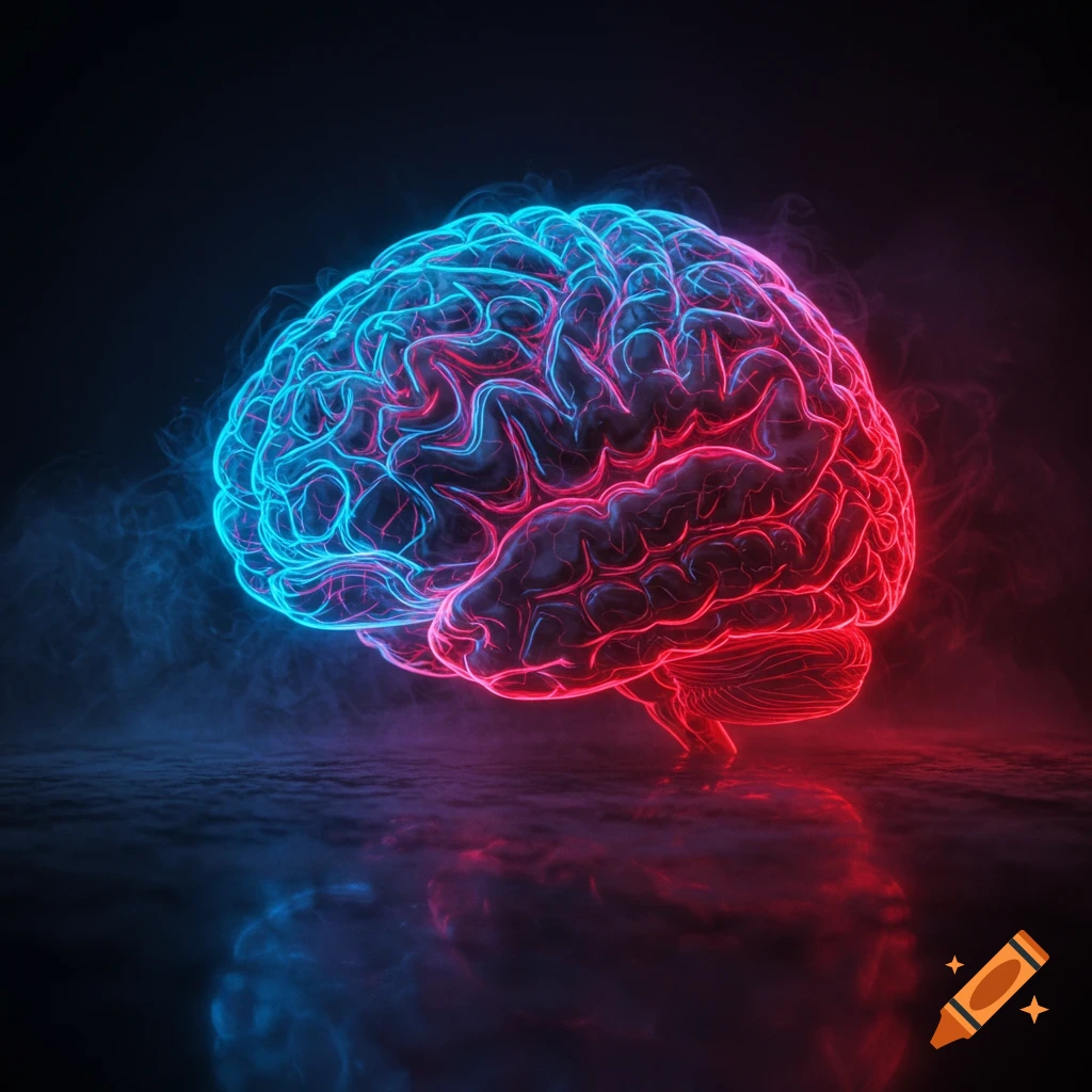Stylized human brain glowing with vibrant red and blue neon lights, amidst smoke and reflections on a dark surface.