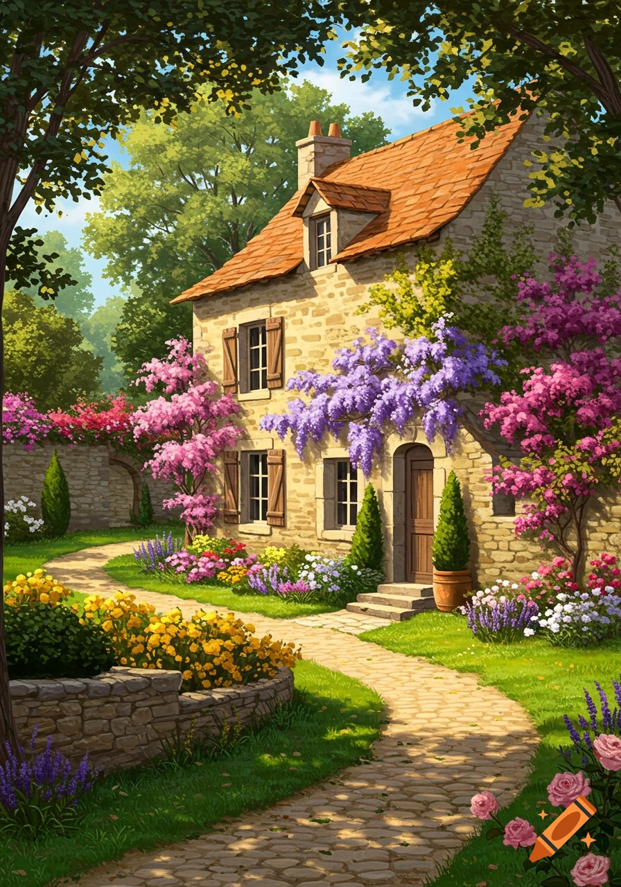 A charming stone house with a red roof, set in a lush, colorful garden with a winding stone path and abundant flowers, in a painterly style.