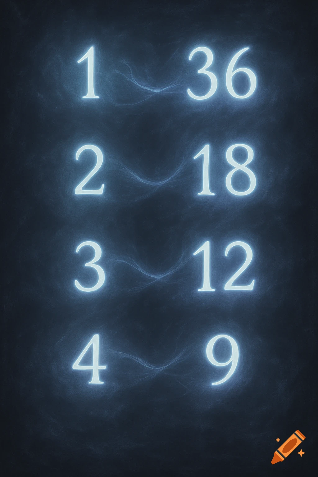 Glowing blue numbers 1-36, 2-18, 3-12, 4-9 illustrating factor pairs on a dark, wispy background.