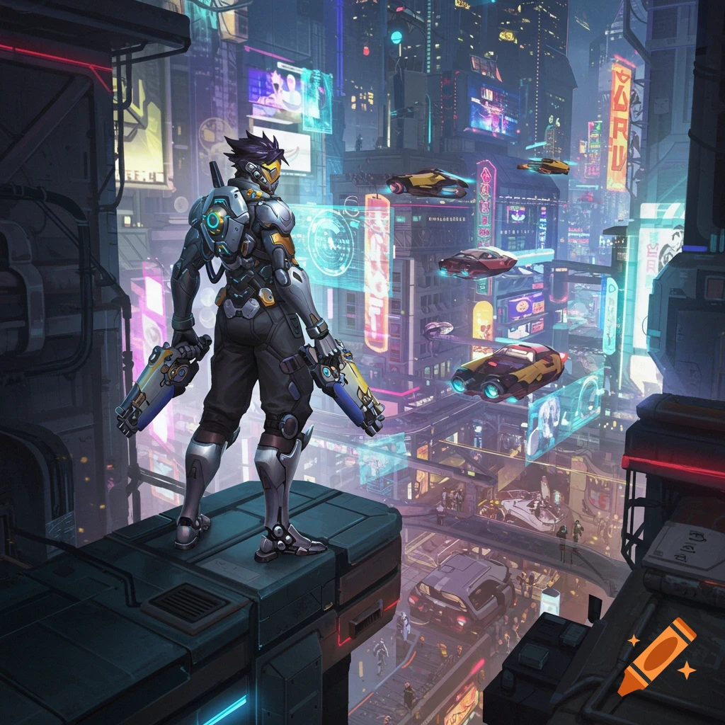 A character in futuristic armor with two guns stands on a ledge overlooking a neon-lit cyberpunk city with flying vehicles.