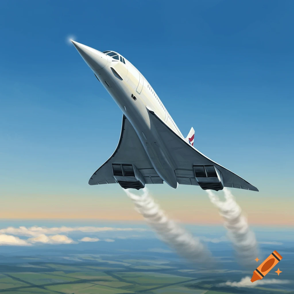 A white Concorde supersonic jet airplane ascends against a clear blue sky, with land visible below and smoke trails from its engines.