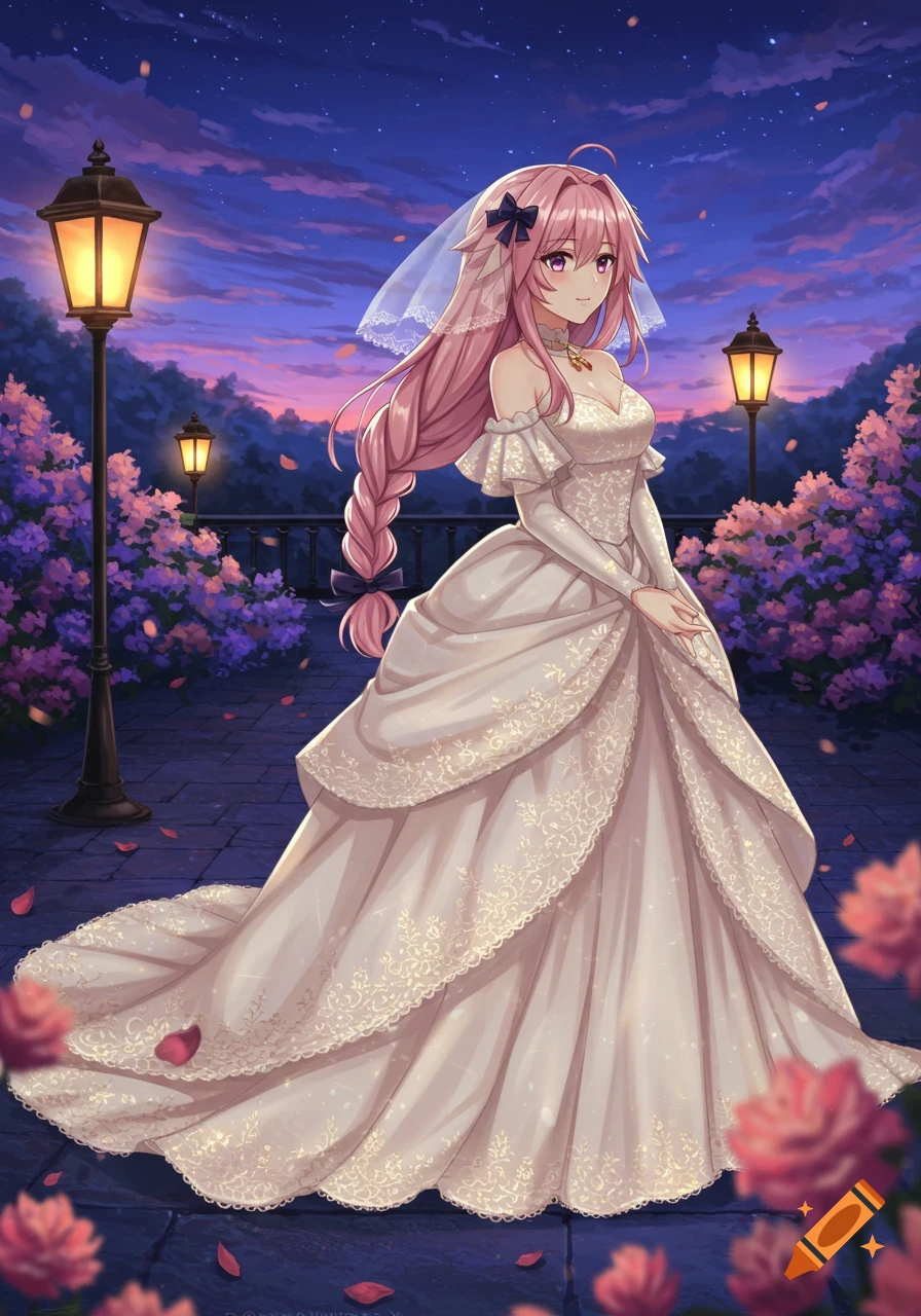 Anime girl with long pink braided hair in an ornate white wedding dress stands among lamplit flowers at dusk.
