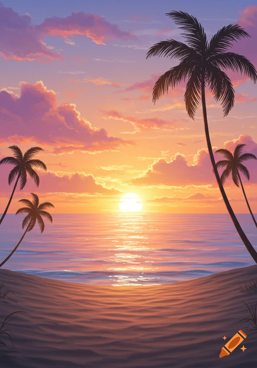 Stylized sunset over a calm ocean from a sandy beach with silhouetted palm trees.