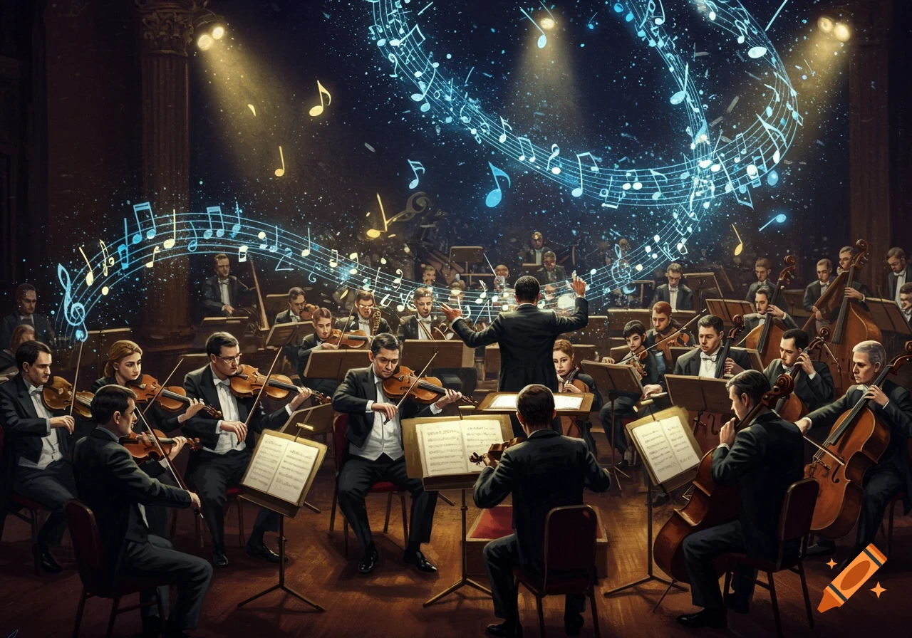 A large orchestra performs on stage, with a conductor leading, surrounded by glowing blue and yellow musical notes.