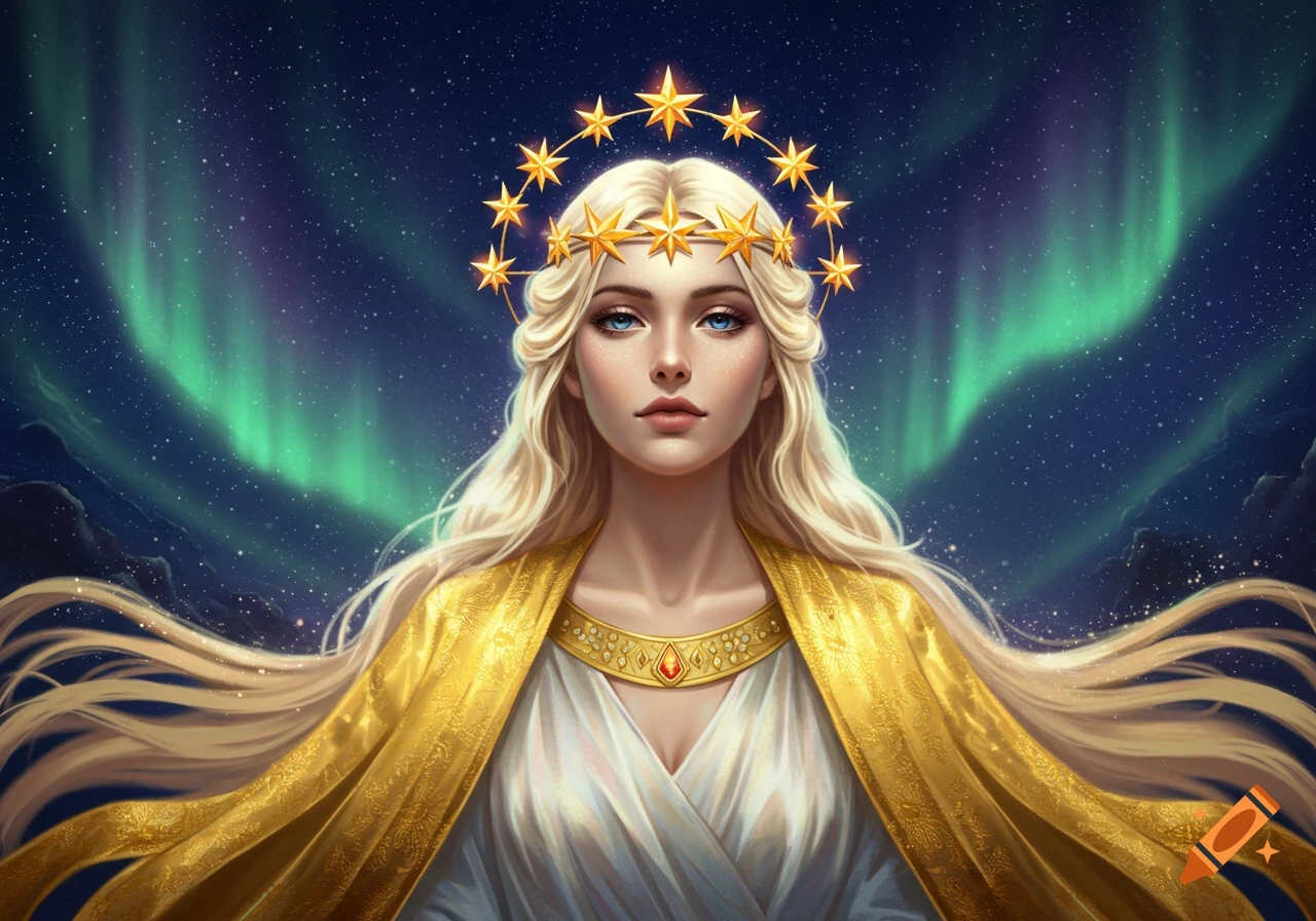 Portrait of a blonde woman with blue eyes, wearing a golden star crown and gold and white robes, against an aurora borealis.