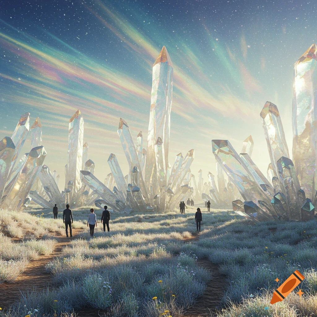 Photorealistic image of people walking through a field of towering, iridescent crystals under a colorful, starry sky.