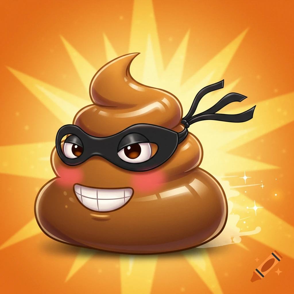A cartoon brown poop emoji with a black bandit mask, blushing cheeks, and a wide smile, set against a bright, glowing orange background.