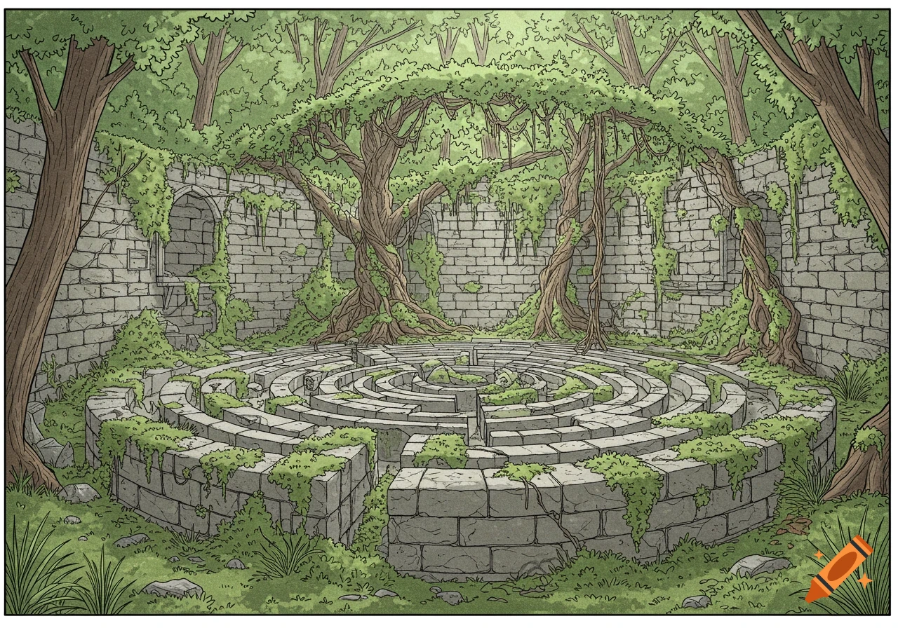 Line art illustration of a grand, overgrown stone labyrinth surrounded by crumbling walls and trees in a forest.