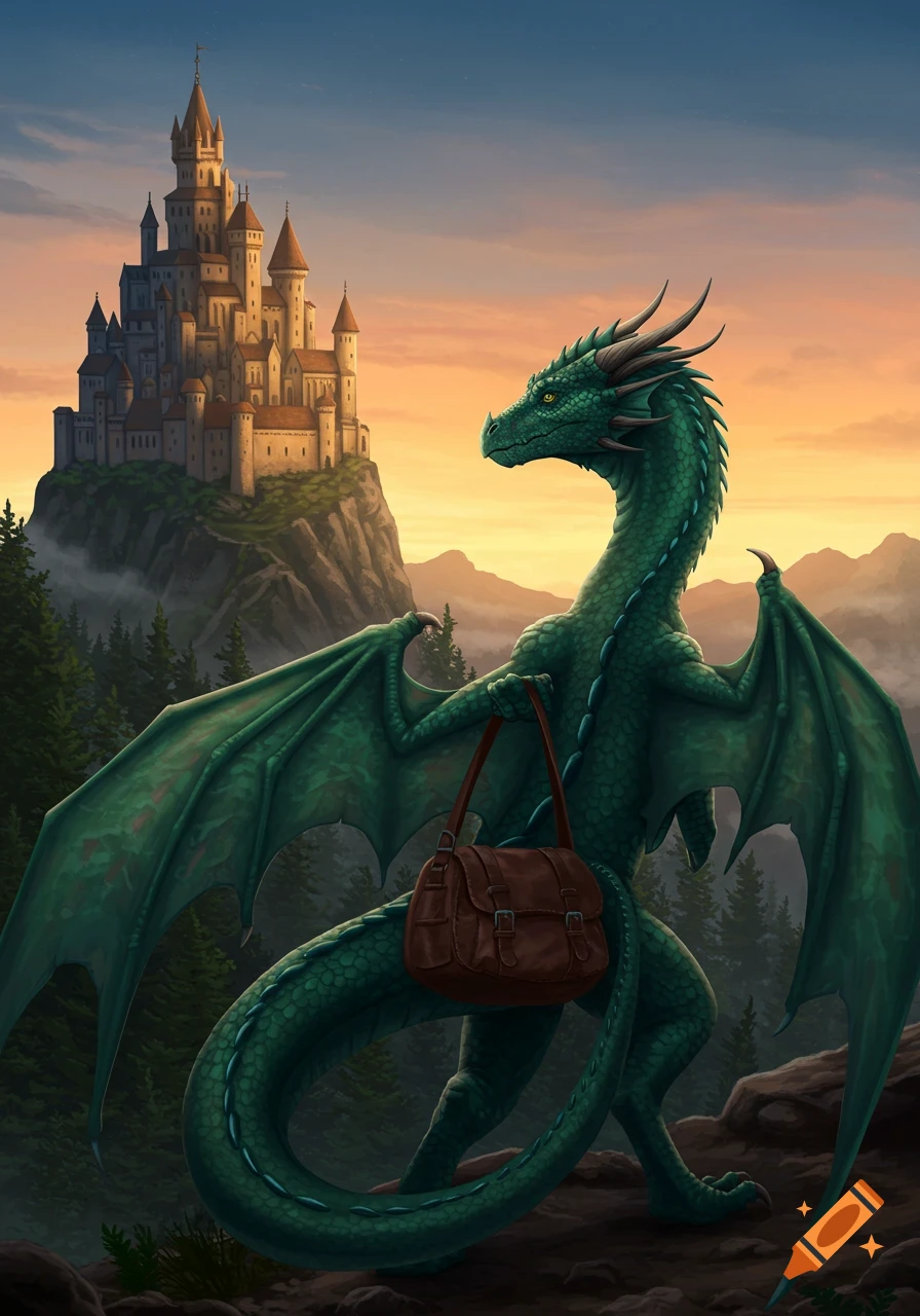 A green dragon with a brown satchel bag stands on a mountain, looking back at a grand castle on a distant peak at sunset.