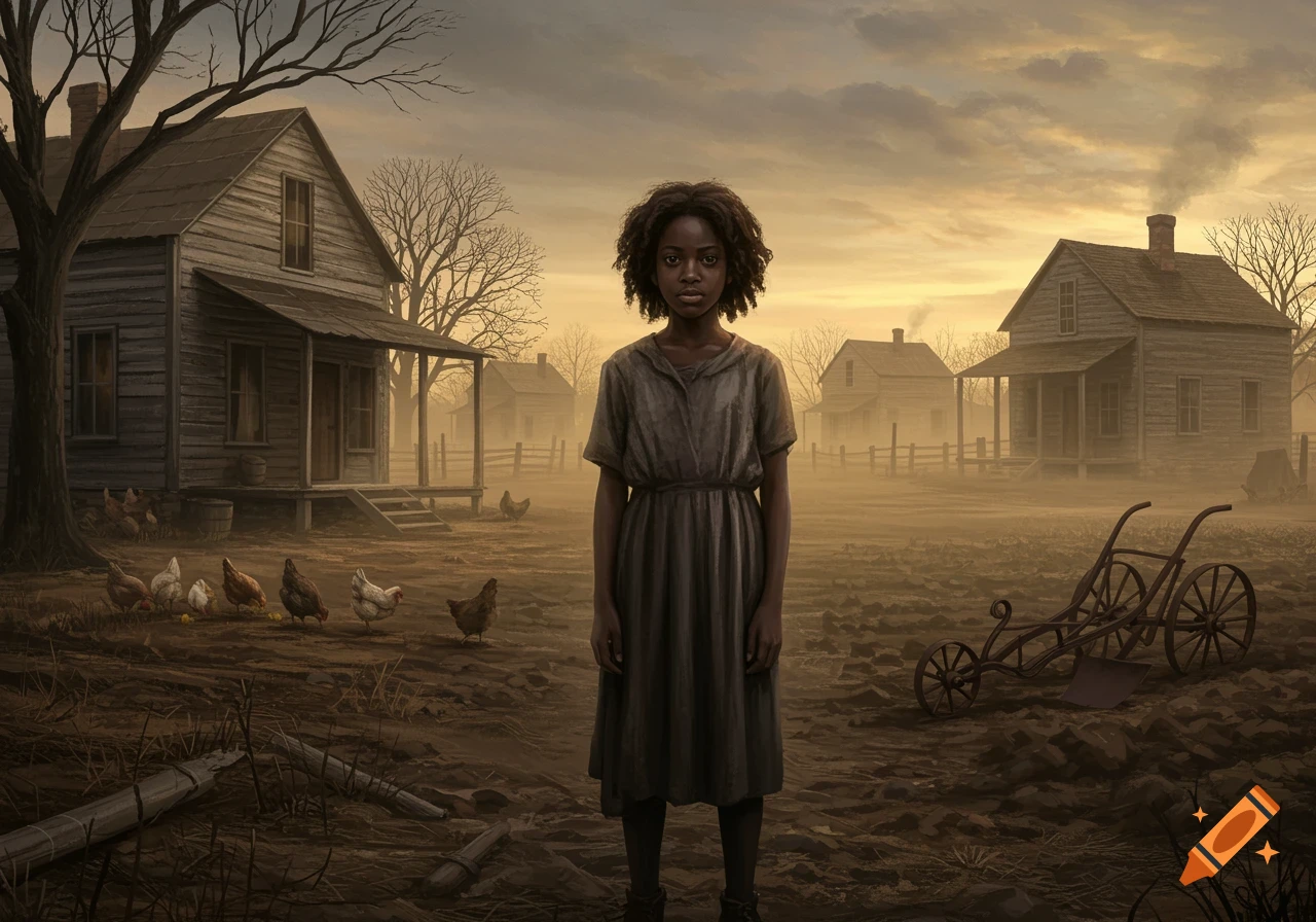A young Black girl stands in a dusty rural landscape with old wooden houses and chickens, evoking the Great Depression era.