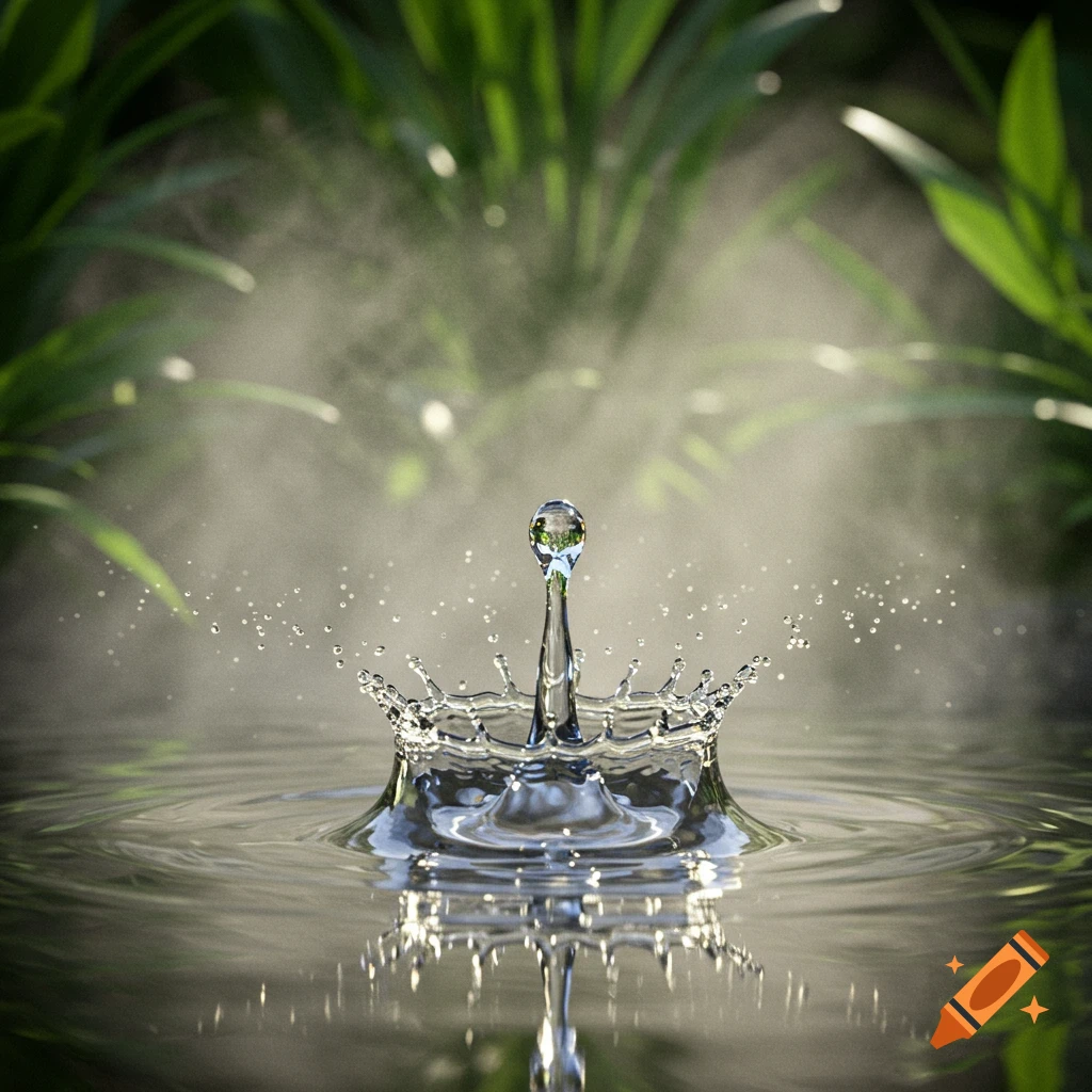 A close-up, photorealistic shot of a water droplet hitting a surface, creating a symmetrical splash and ripples, with a blurred green background.