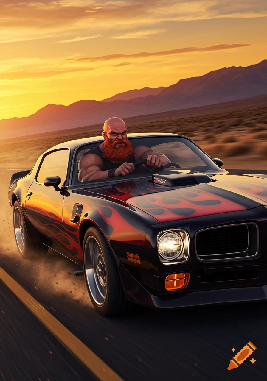 A bald, red-bearded, muscular man drives a black muscle car with red flames on a desert road at sunset.