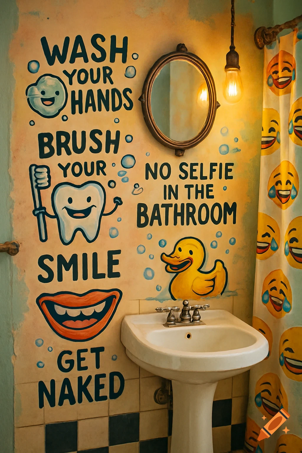 A whimsical bathroom with a sink and wall art featuring funny quotes like "WASH YOUR HANDS" and "GET NAKED." An emoji shower curtain is visible.
