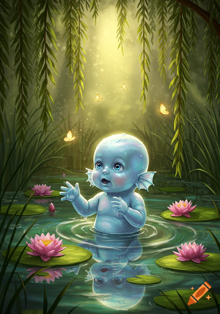 A whimsical illustration of a light blue amphibious baby with fins in a pond with pink water lilies under sunny willow trees.