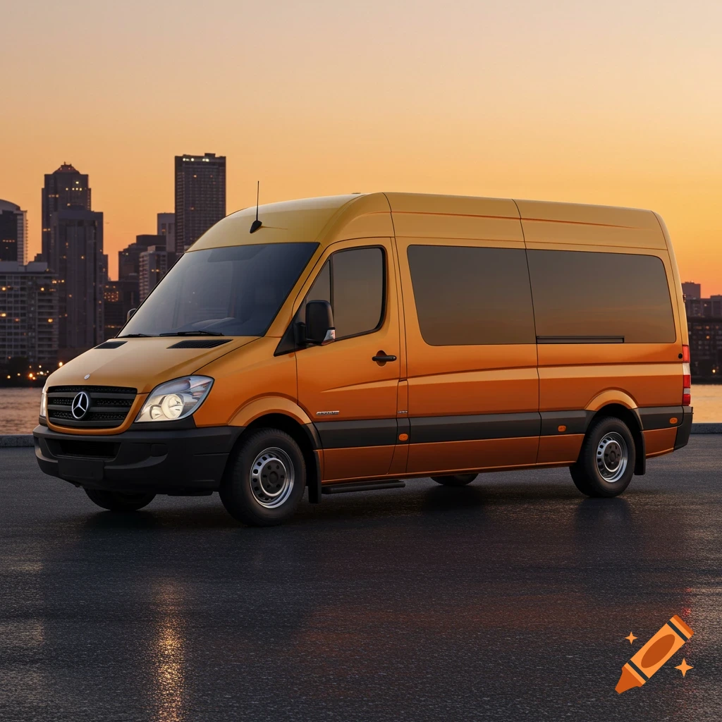 A photorealistic image of an orange and yellow Mercedes-Benz Sprinter van parked on a wet street with a city skyline at sunset.
