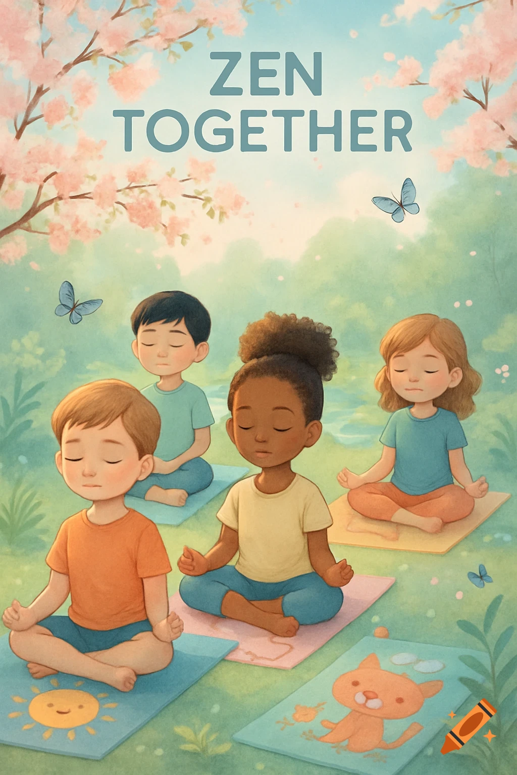 Illustrated scene of diverse children meditating outdoors on mats with cherry blossoms and butterflies, text reads 'ZEN TOGETHER'.