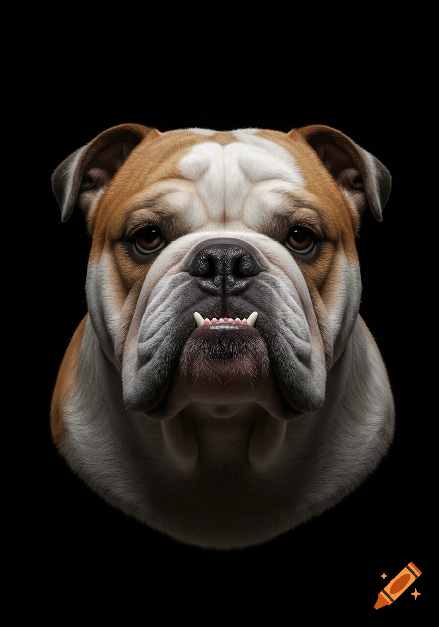 A realistic headshot of a bulldog with brown and white fur, looking directly forward against a dark background, showing its powerful snout and small teeth.