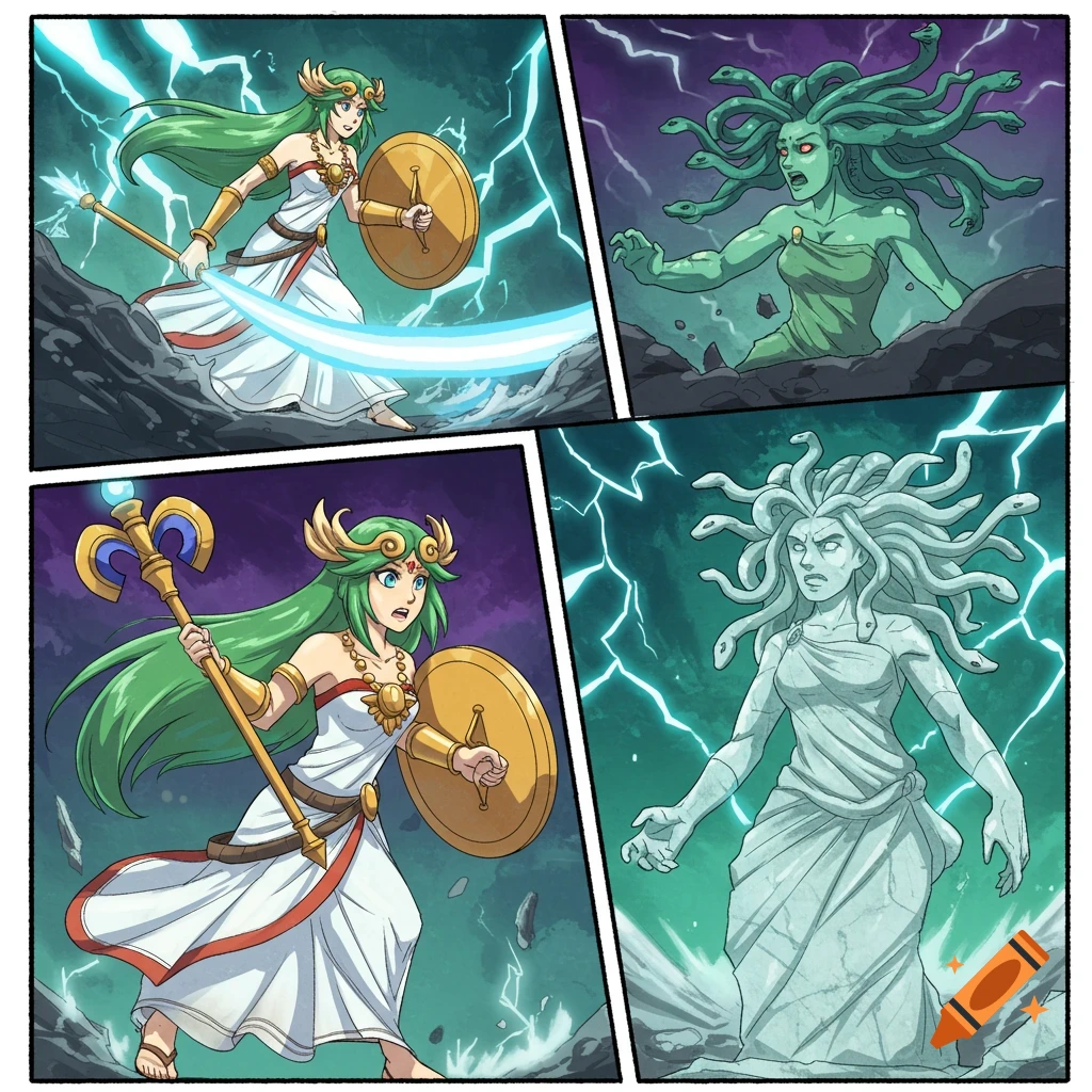 Comic book panels showing Palutena with a staff and shield, and Medusa transforming into a surprised marble statue.