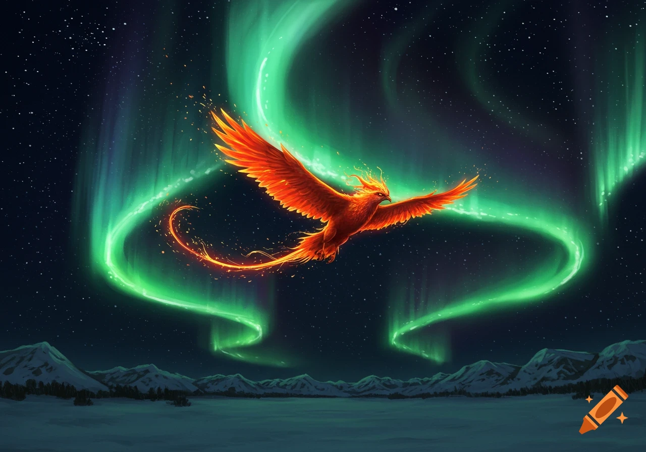 A vibrant, fiery phoenix flies through a starry night sky with green northern lights over a snowy, mountainous landscape.