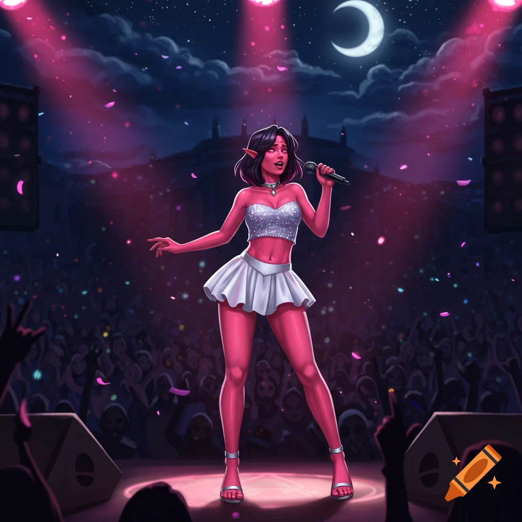 A pink-skinned female elf with dark hair sings into a microphone on a stage under pink spotlights to a crowd at night, with a crescent moon.