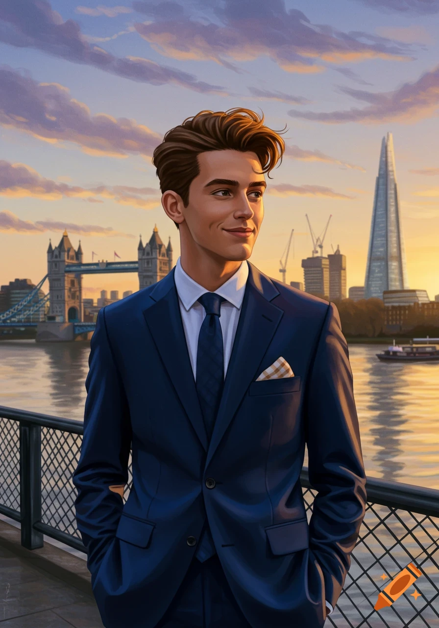 Illustrative portrait of a young man in a blue suit against a London sunset with Tower Bridge and The Shard.