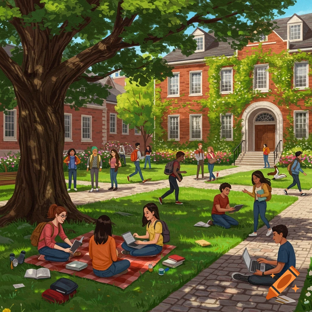 An illustration of diverse students on a sunny college campus, studying on grass and walking near a large brick university building.