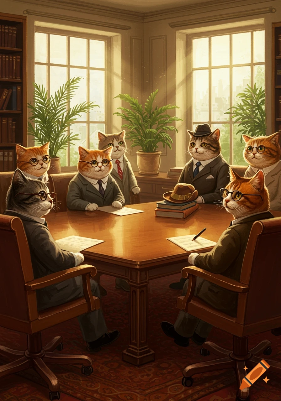 Anthropomorphic cats in suits and glasses gather around a large wooden table for a meeting in a sunlit room.