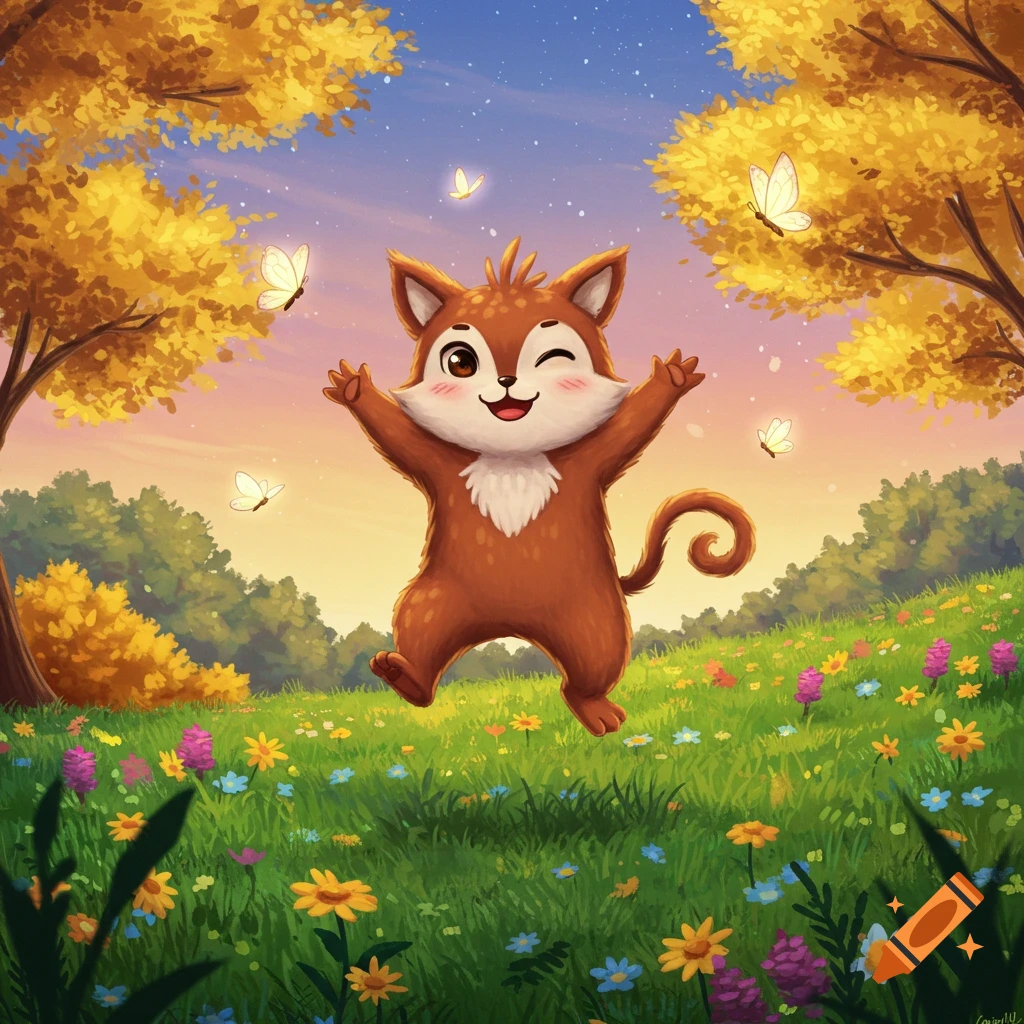 A cute, winking, fox-like cartoon creature with fluffy white chest jumps joyfully in a vibrant flower meadow with butterflies and golden trees.