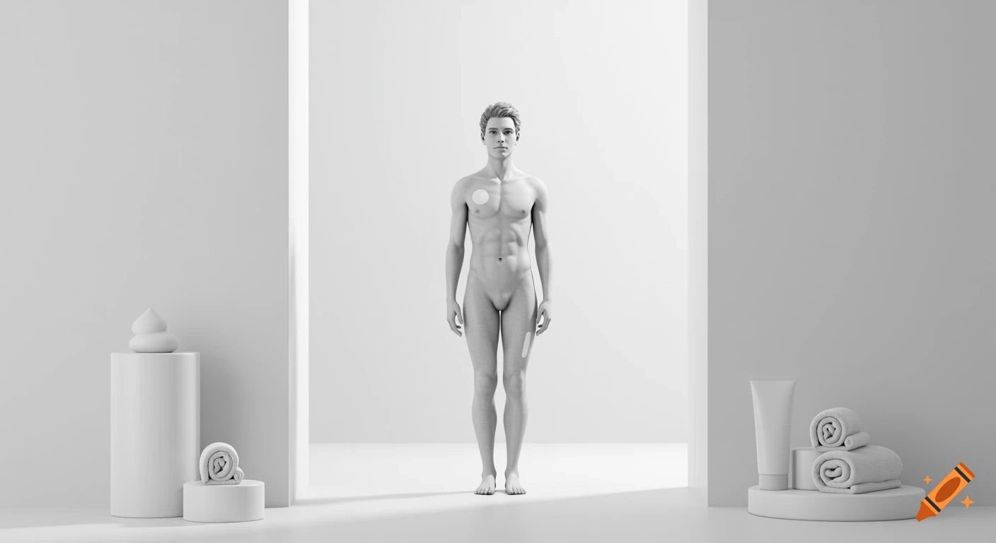 A nude man with medical patches stands in a minimalist white room with body care products on pedestals. 3D render.