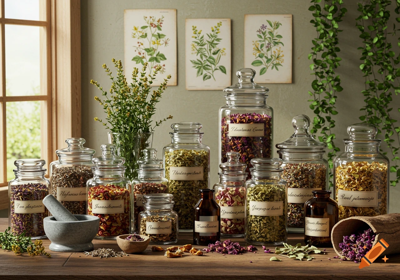 A collection of glass jars filled with dried herbs and flowers on a wooden table, alongside a mortar and pestle, in a sunlit room.