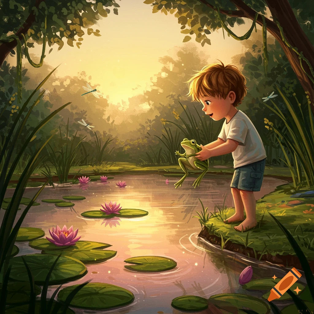 Whimsical illustration of a young boy holding a frog over a sunlit pond with lily pads and dragonflies.