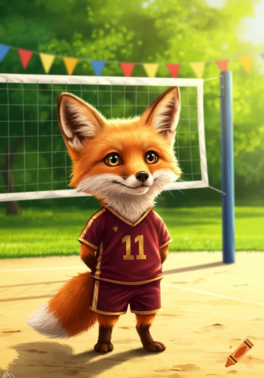 A cute, anthropomorphic fox in a burgundy and gold volleyball uniform with the number 11, standing on a court.