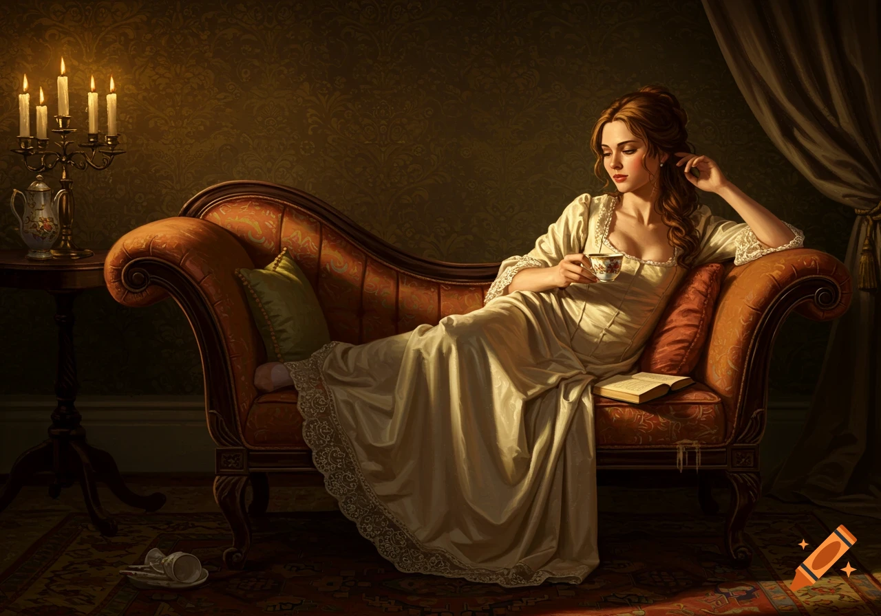A woman in an 18th-century dress reclines on a chaise lounge, holding a teacup in an ornate, candlelit room. Painterly style.