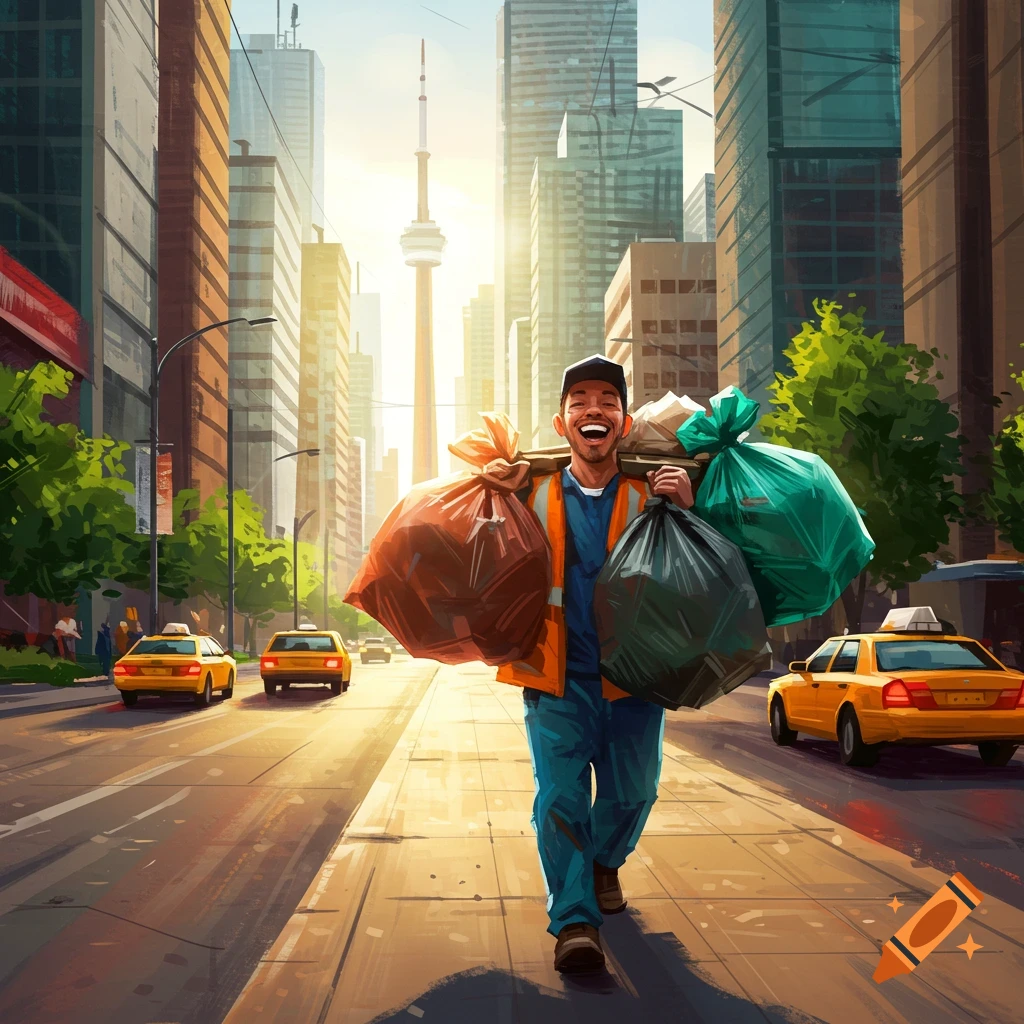 Smiling man carrying garbage bags on his shoulder walks down a sunny Toronto street with the CN Tower, in an illustrative style.