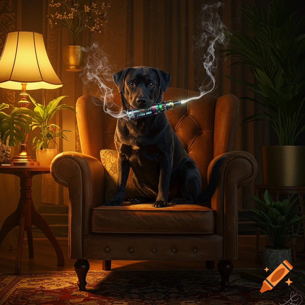 A black dog sits in an armchair, holding a glowing vape pen in its mouth, with smoke rising around it in a warmly lit room.