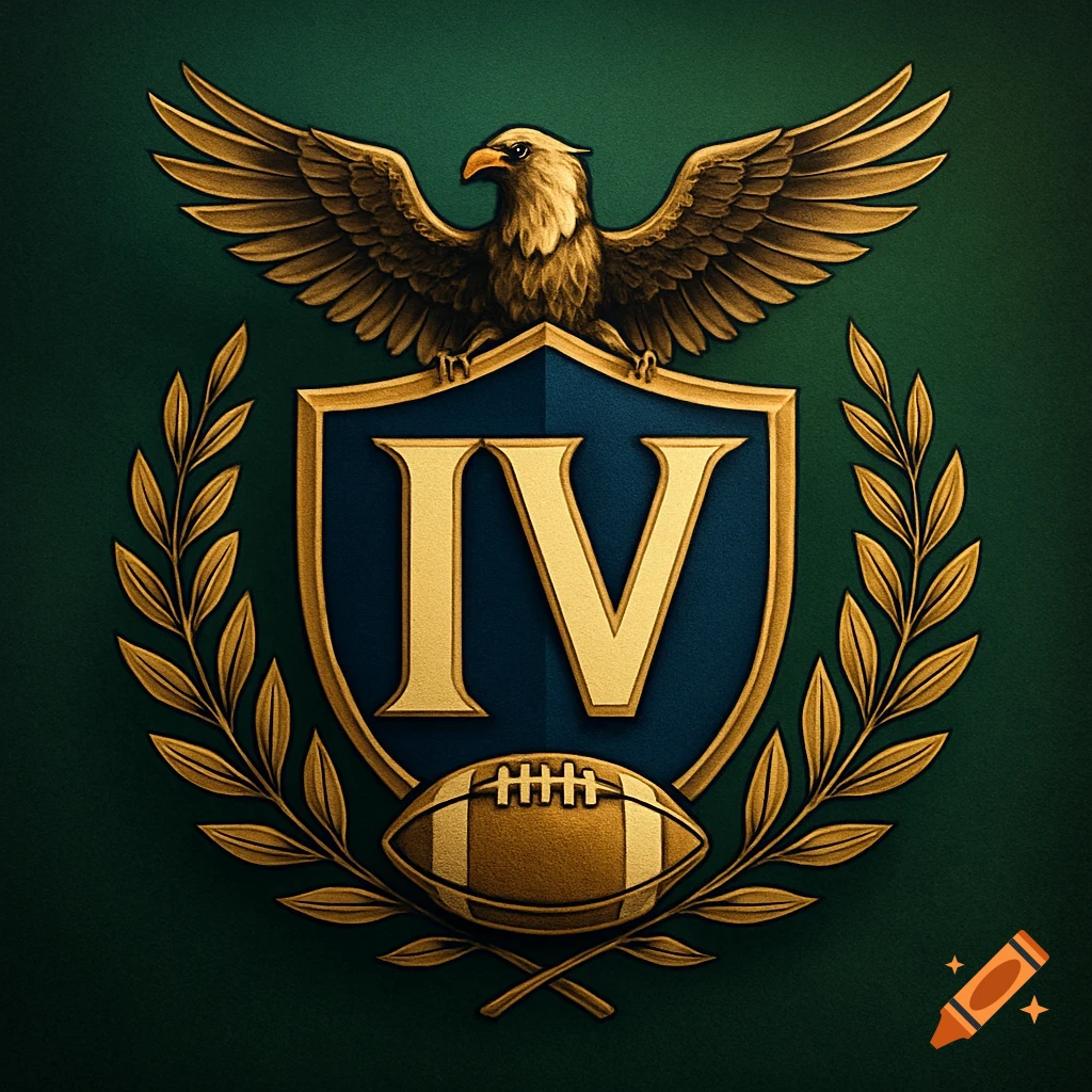 A gold and blue fantasy football logo featuring an eagle, a shield with Roman numerals IV, and a football, on a dark green background.