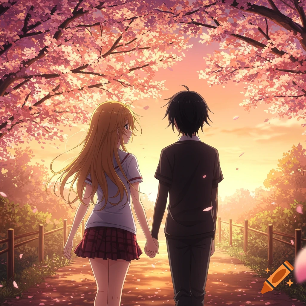 An anime couple with black and blond hair walking hand-in-hand down a path lined with pink cherry blossom trees at sunset.