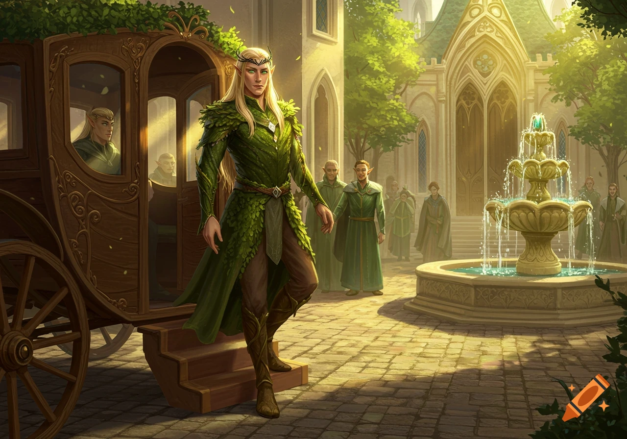 An elven prince with long blond hair and a leafy green tunic steps from a carriage in a sunny, grand courtyard with a fountain and other elves.