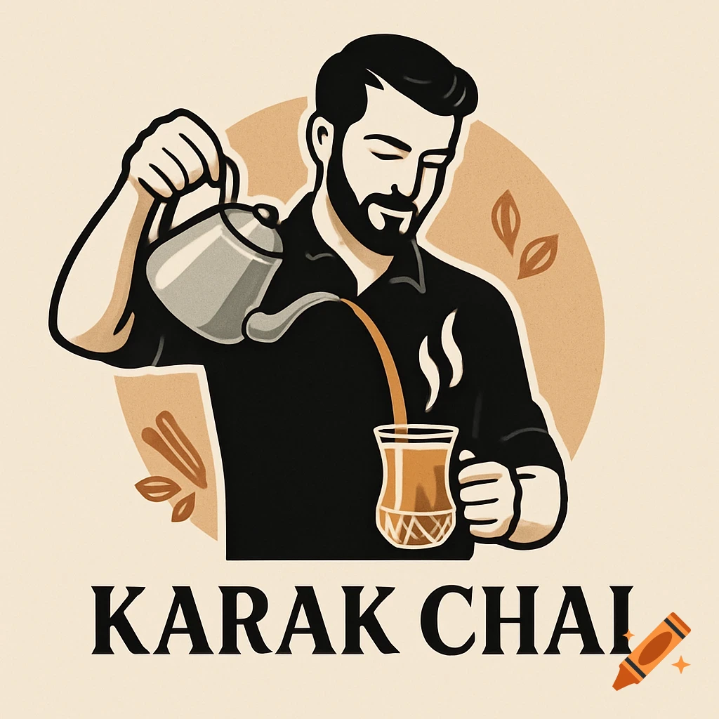 A stylized logo illustration of a bearded man pouring karak chai into a glass, with the text 'KARAK CHAI' below.