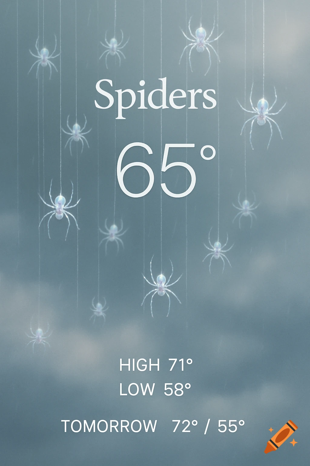 Digital weather forecast showing 65 degrees with stylized white spiders raining down, and text for daily high/low and tomorrow's temperatures.