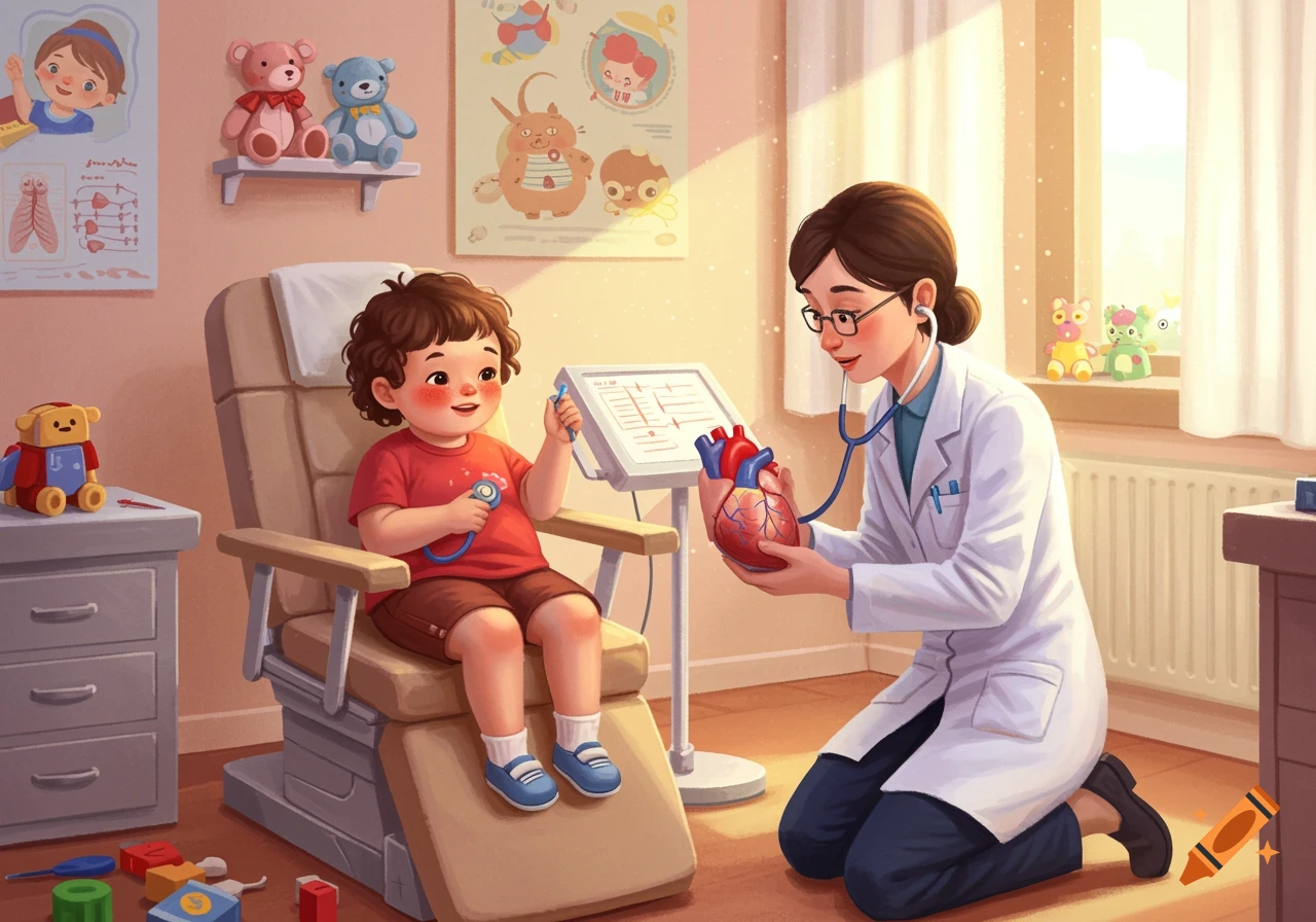 An illustrated doctor shows a model heart to a smiling child in a bright examination room with toys and posters.