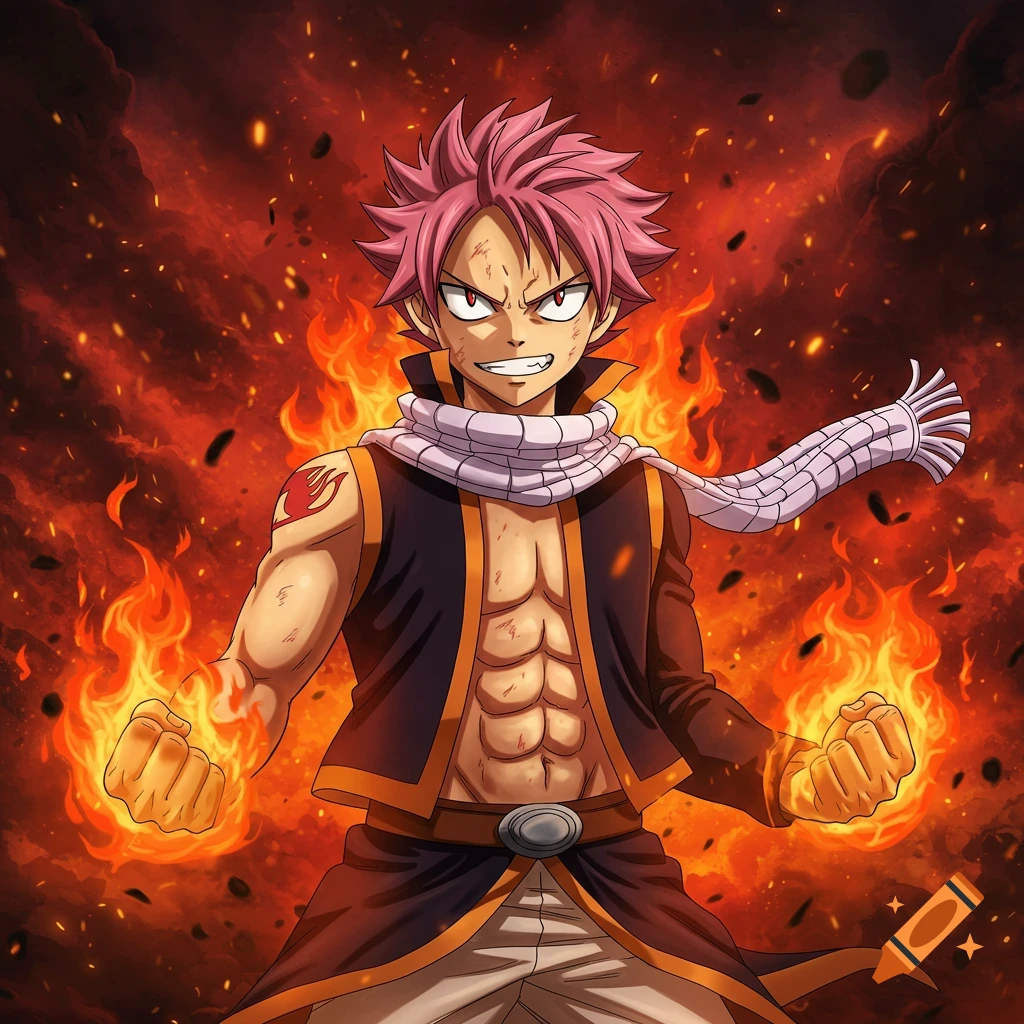 Anime character Natsu with pink spiky hair, open jacket showing abs, conjuring fire from his fists against a fiery background.