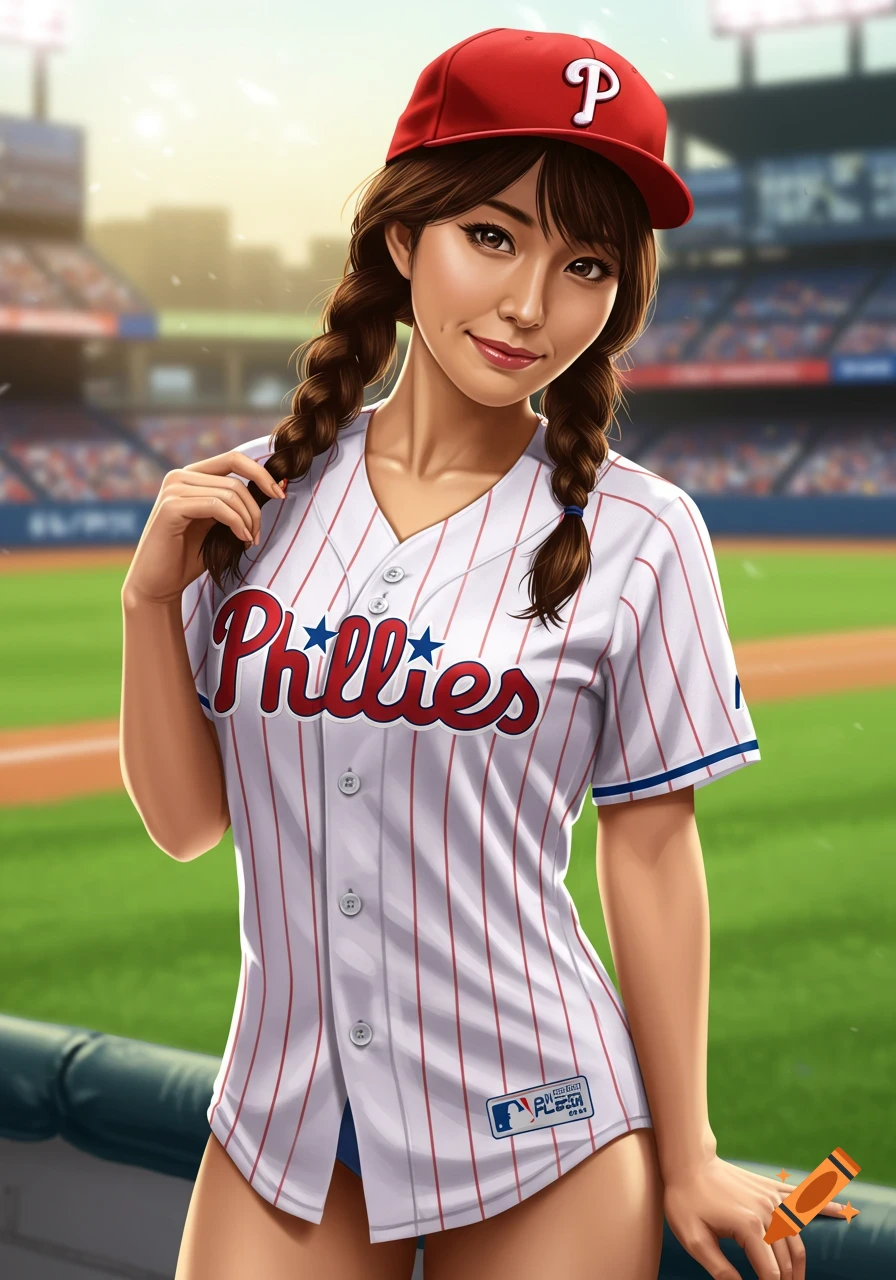 Illustrated depiction of a smiling woman with braided pigtails wearing a Philadelphia Phillies baseball jersey and red cap in a stadium.