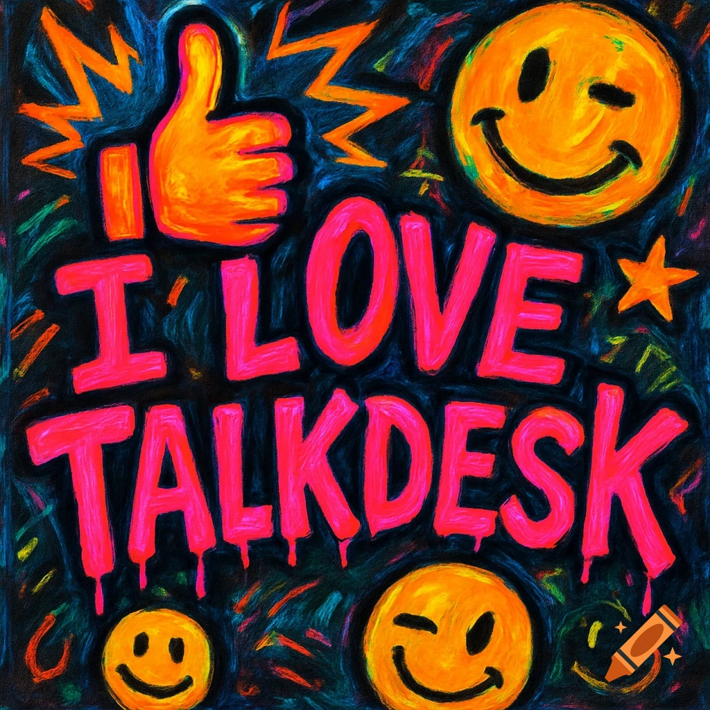 Colorful, neon-style illustration with 'I LOVE TALKDESK' text, a thumbs-up, and various smiley faces.