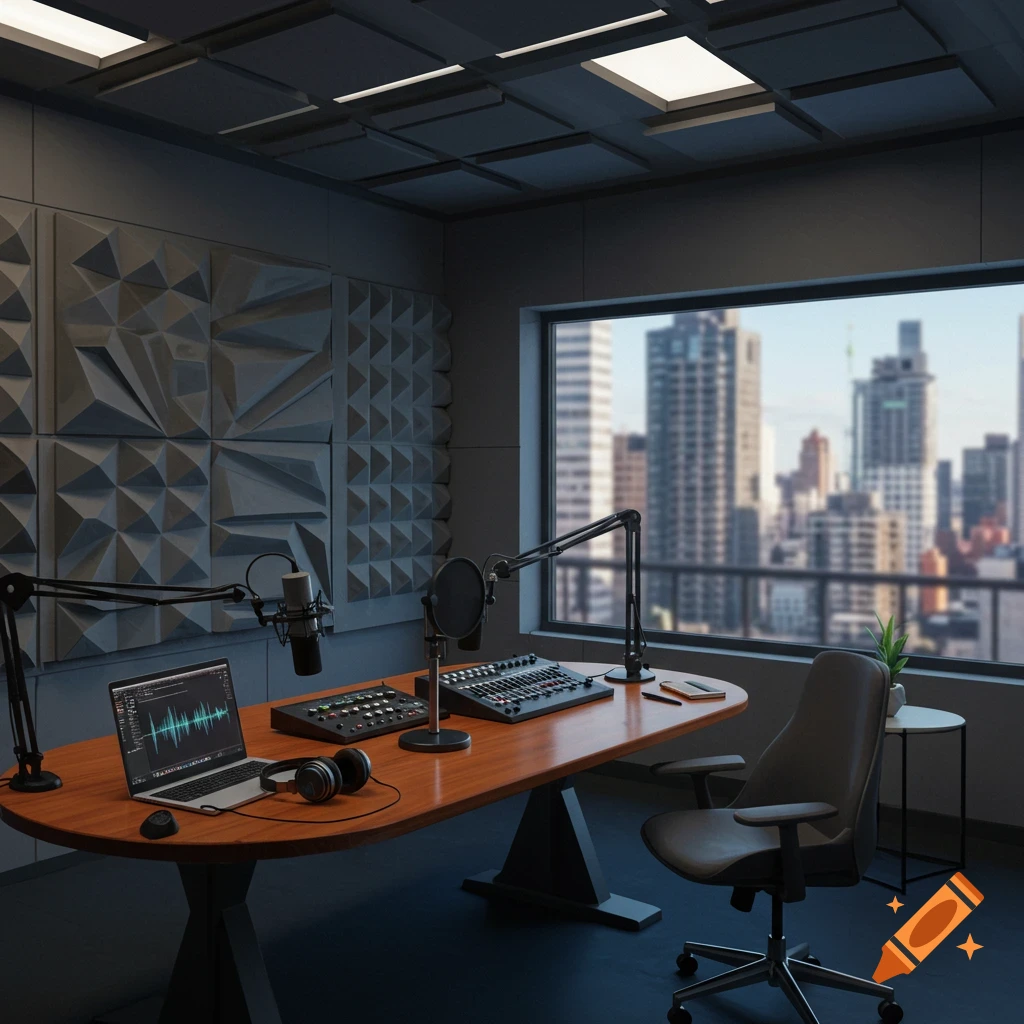 A modern podcast studio with two microphones, mixers, a laptop, headphones, and a chair, overlooking a city skyline through a large window.