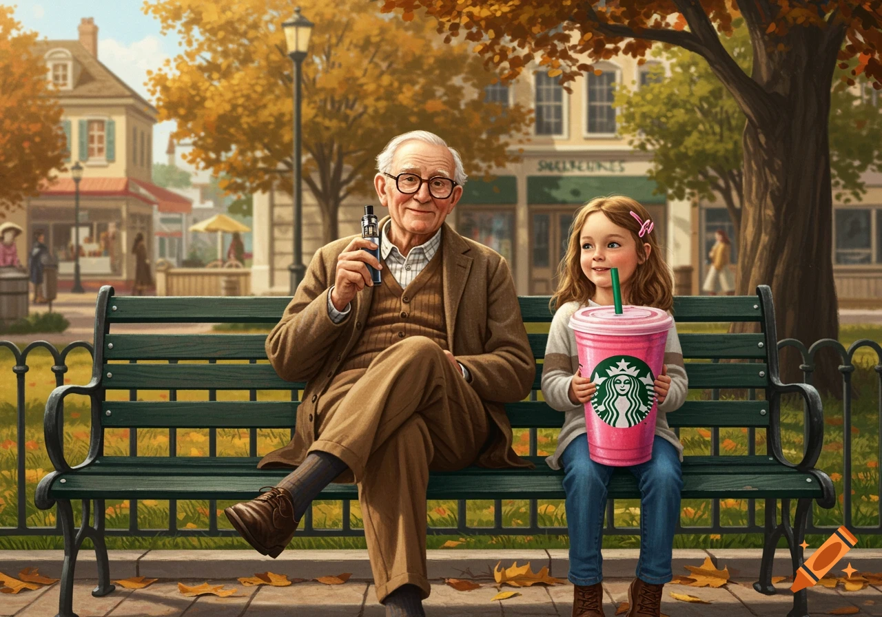 An old man with glasses vaping sits on a park bench next to a young girl drinking from a pink Starbucks cup, in a Norman Rockwell art style during autumn.