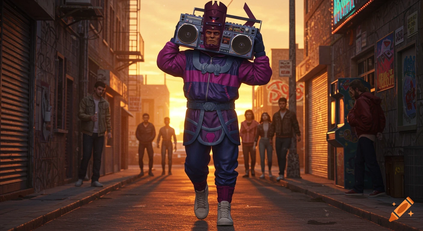 Galactus in a purple and pink 80s tracksuit walks down a sunlit urban alleyway, a boombox on his shoulder, with people in the background.