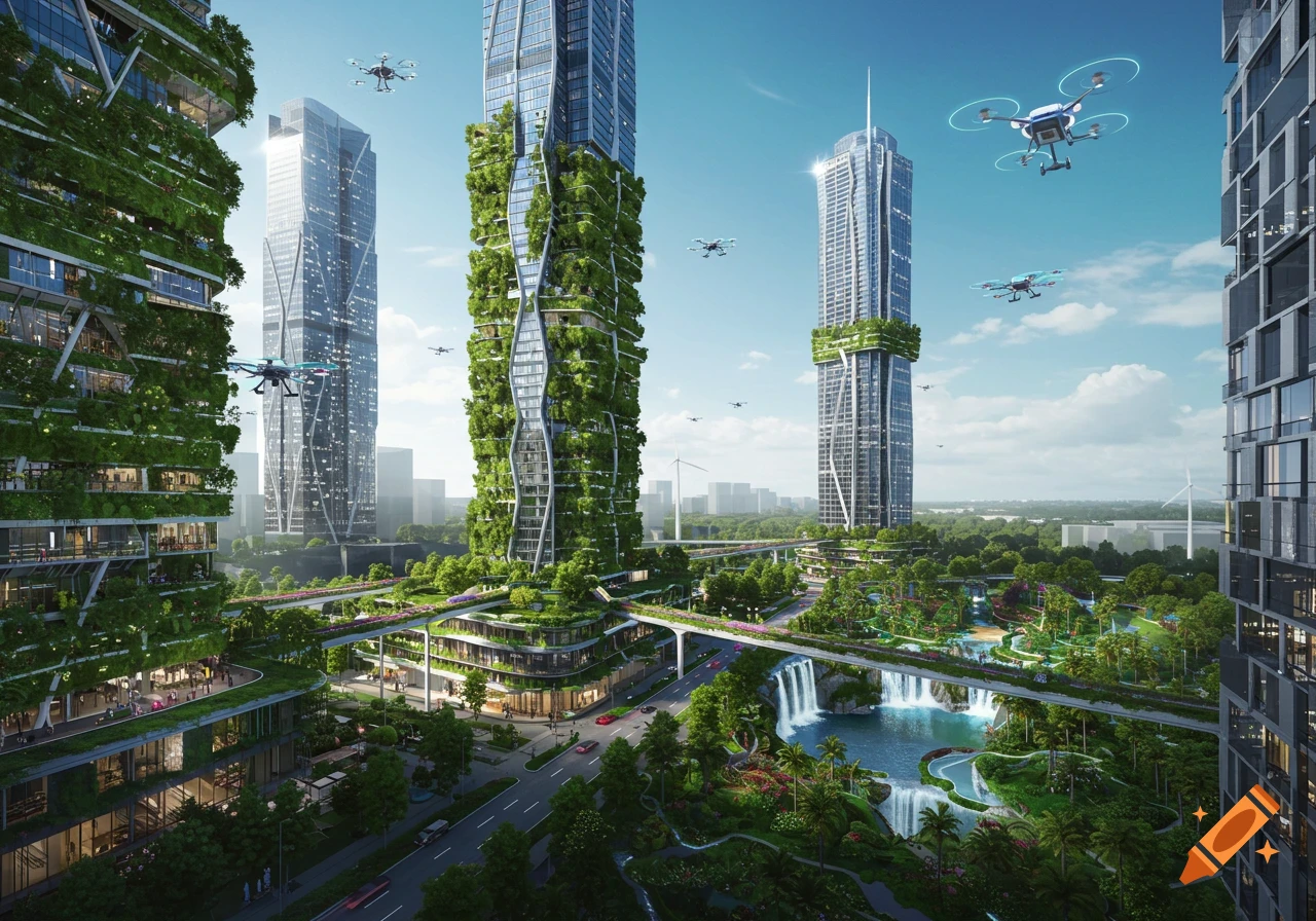 Photorealistic futuristic green city with lush vegetated skyscrapers, elevated parks, waterfalls, and flying drones.