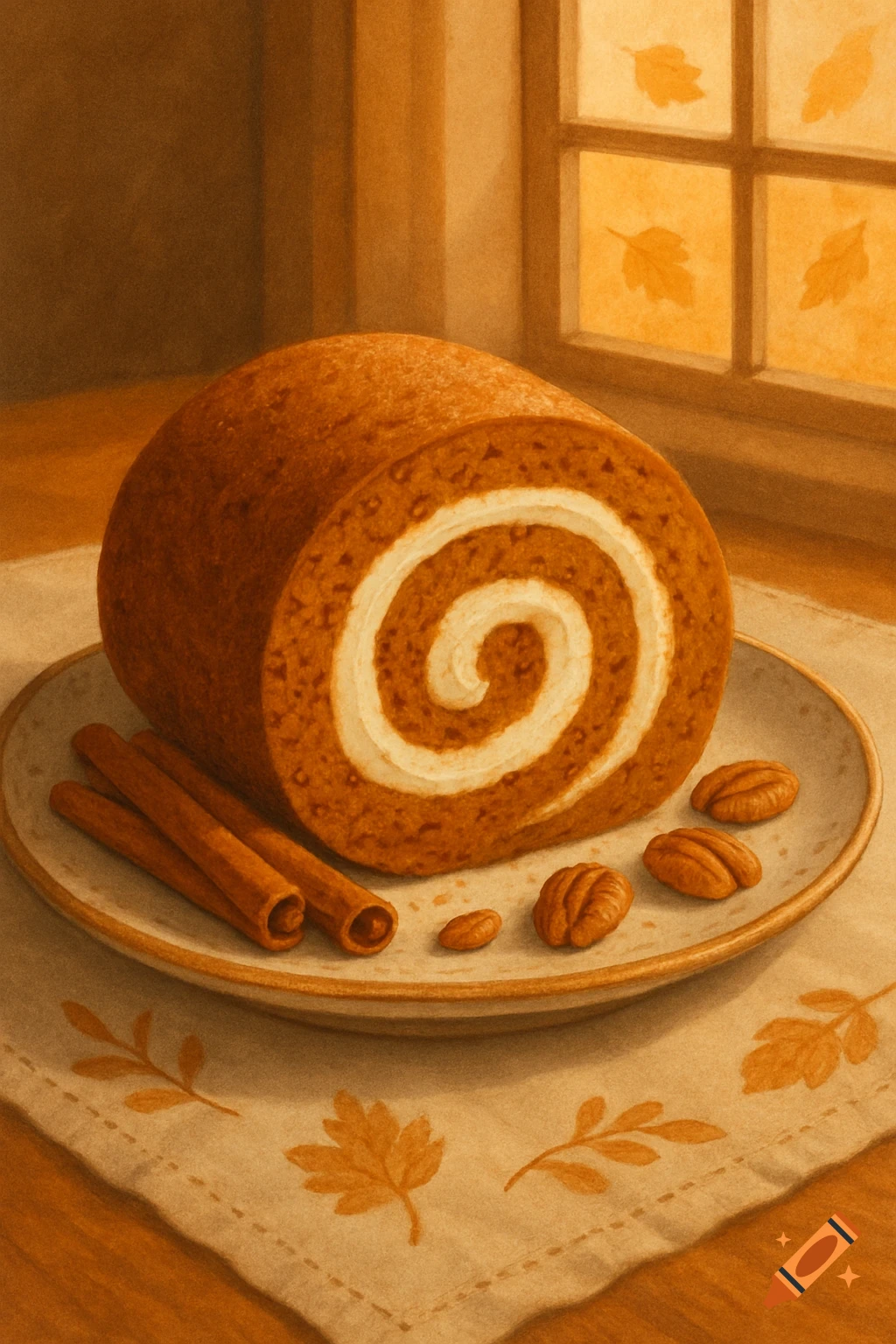 Illustrated pumpkin roll on a plate with cinnamon sticks and pecans, by a window with fall leaves.