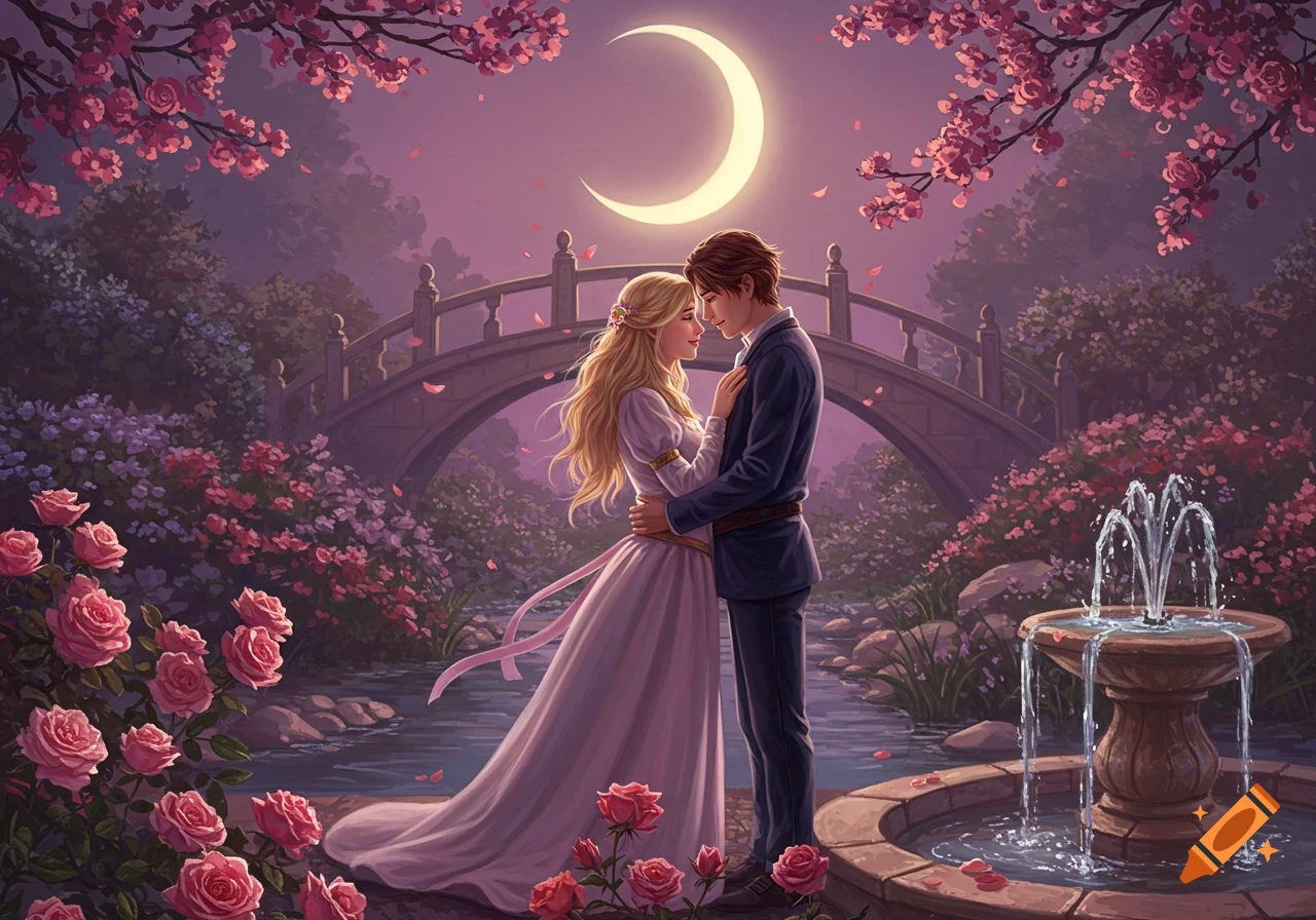 An illustrated romantic couple embraces in an enchanted moonlit garden with cherry blossoms, a stone bridge, and a fountain.